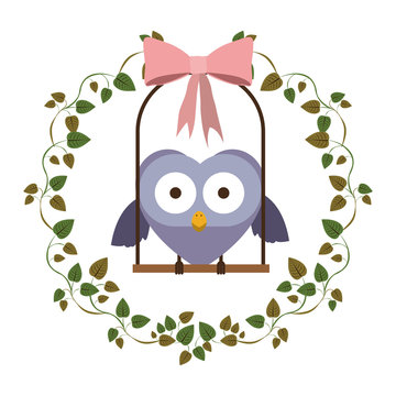 border of creepers with owl on swing vector illustration