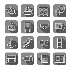 Electric equipment and construction equipment, contour icons, gray. Vector, white linear image electric, gas, and construction equipment on a gray background with shadow. 