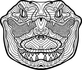 Coloring antistress page. Ferocious crocodile is drawn by hand with ink. 