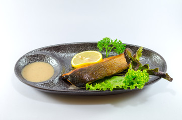 Grill Japanese Salmon with vegetable on white background