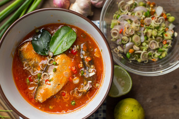 Spicy mackerels salad in tomato sauce