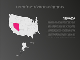 United States of America, aka USA or US, map infographics template. 3D perspective dark theme with pink highlighted Nevada, state name and text area on the left side.