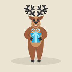 Cartoon cute deer with gift. Happy new year and Merry Christmas.