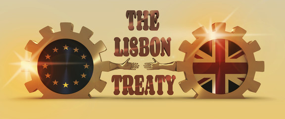 United Kingdom exit from Europe relative image. Brexit named politic process. National flags on golden cog wheels. 3D rendering. Handshake metaphor. Lisbon treaty text