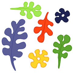 Vector abstract illustration with leaves. Curly shapes leaves and flowers in different bright colors