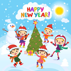 Happy New Year. 2017. Winter fun. Cheerful kids playing in the snow. Stock vector illustration of a group of happy children in red Santa hat and playing near