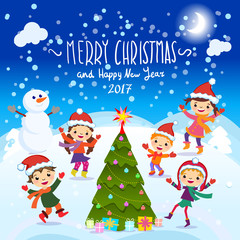 Merry Christmas And Happy New Year. 2017. Winter fun. Cheerful kids playing in the snow. Stock vector illustration of a group of happy children in red Santa hat and playing near