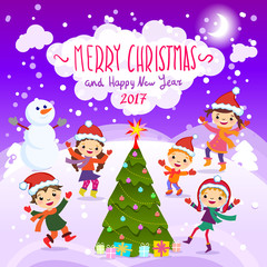 Fototapeta na wymiar Merry Christmas And Happy New Year. 2017. Winter fun. Cheerful kids playing in the snow. Stock vector illustration of a group of happy children in red Santa hat and playing near