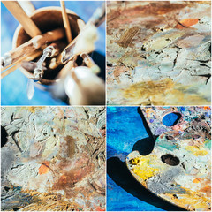 Collage of paint brushes with acrylic paint