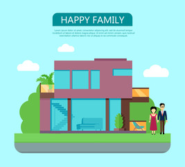 Obraz na płótnie Canvas Happy Family in the Yard of Their House