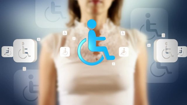 Young female pressing the screen then handicapped symbol appearing