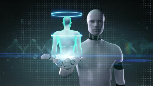 Robot, cyborg open palm, Scanning Brain in female body. X-ray view