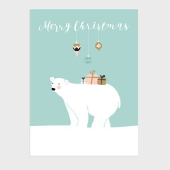 Cute Christmas greeting card, invitation with polar bear and gift boxes. Vector.