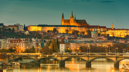 Prague Castle in lights, panoramic view from Vysehrad, Czech Republic, Europe