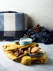Mug of tea with milk and cookies for winter relax