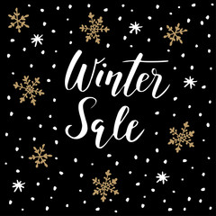 Fototapeta na wymiar Winter sale background with handwritten text, doodle snowflakes. Business concept. Vector.