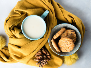 Mug of tea with milk and cookies in scarf