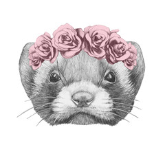 Portrait of Least Weasel with floral head wreath. Hand drawn illustration.