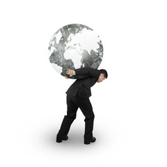 Man carrying one black white globe