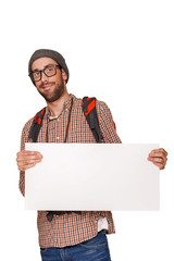 Traveler with white banner isolated.