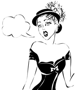 Sexy pin up woman talking, black and white vector silhouette with speech bubble