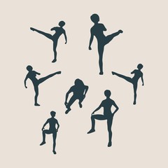 Martial arts active women self defense fighters silhouettes. Vector illustration. Sport fugures collection