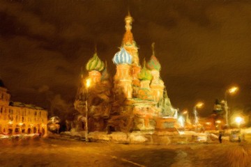 Fototapeta na wymiar St. Basil's Cathedral on Red Square at night. Oil painting effect.