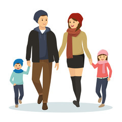 Happy family walking along wearing winter clothes