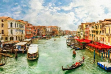 Fototapeta na wymiar Boats and gondolas on the Grand Canal of Venice. Oil painting effect.