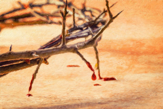 Crown of thorns with blood dripping. Oil painting effect.