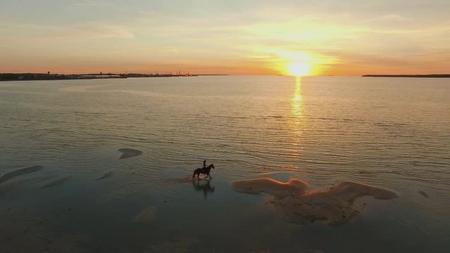 Girl on a Horse Galloping along the Sea. Clear Sky and Beautiful Sunset are Visible. Aerial Shot.