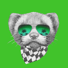 Portrait of Least Weasel with mirror sunglasses and scarf. Hand drawn illustration.