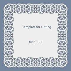 Greeting card with openwork border, paper doily under the cake, template for cutting, wedding invitation, decorative plate is laser cut, frame with lace edge, vector illustrations.