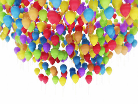 Flying multi color party balloons isolated on white background
