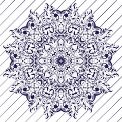 The motif of the mandala flower pattern drawn by the pen. blue and white. Mandala tribal pattern. Ethnic, fabric, motifs. Vector, abstract mandala flower. Decorative elements for design. EPS 10