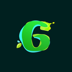 Number six logo with green watercolor splashes.