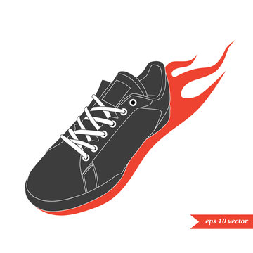 running shoe with fire. Sport and fitness logo, icon or symbol