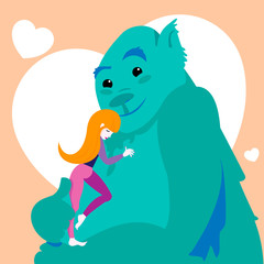 love illustration concept, a beautiful woman hugs king kong on a blue background. Vector image, eps