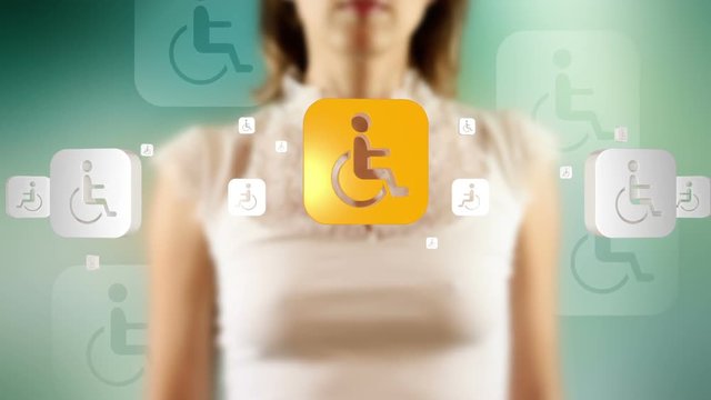 Young female pressing the screen then handicapped symbol appearing