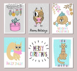 Merry Christmas greeting card set with cute cat, squirrel, owl, gift and other elements. Cute Hand drawn holiday cards and invitations.