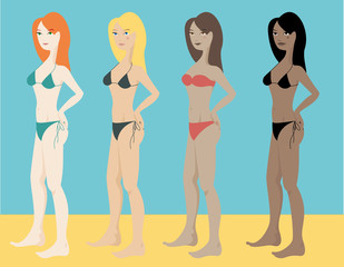 Four beautiful women on the beach wearing swim suit with different skin types: white skin, olive skin, brown skin and black skin. Front view, vector image.