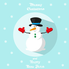 Holiday symbol. Icon cute snowman. Hat and gloves. Circle on blue background. Snowflakes. Design element for decoration poster, banner, flyer, greeting card. Cartoon style. Vector illustration