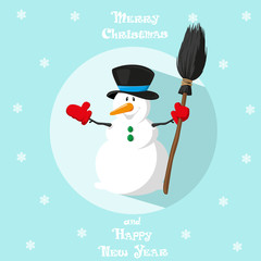 Holiday symbol. Icon cute snowman. Hat and gloves. Circle on blue background. Snowflakes. Design element for decoration poster, banner, flyer, greeting card. Cartoon style. Vector illustration