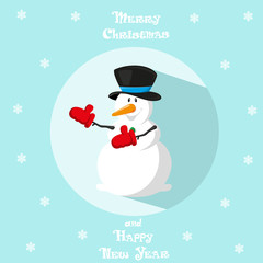 Holiday symbol. Icon cute snowman. Hat and gloves. Circle on blue background. Snowflakes. Design element for decoration poster, banner, flyer, greeting card. Cartoon style. Vector illustration