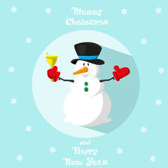 Holiday symbol. Icon cute snowman. Hat and gloves. Circle on blue background. Snowflakes. Design element for decoration poster, banner, flyer, greeting card. Cartoon style. Vector illustration