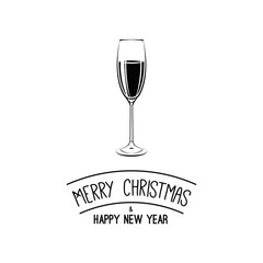 Champagne Glass. Merry Christmas and Happy New Year Greeting Card,
