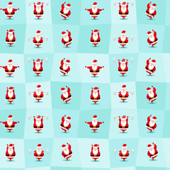 Seamless Happy New Year and Merry Christmas background funny sportsman Santa Claus does morning exercises in different poses. Vector illustration