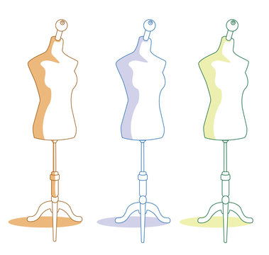 Three vintage mannequins for tailors. Vector illustration isolated on white background.