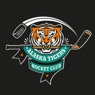 Emblem of hockey club - tiger with a stick in his teeth on a black background. Layered vector illustration easy to edit.