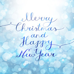merry christmas and happy new year, vector lettering, handwritten text on background with lights